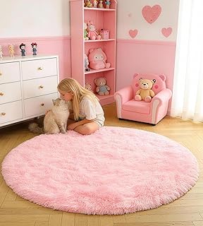 Teppich Rund 100 cm Rosa Waschbar Rutschfester Hochflor Runder Teppich Kinderzimmer Weich Flauschig Rug