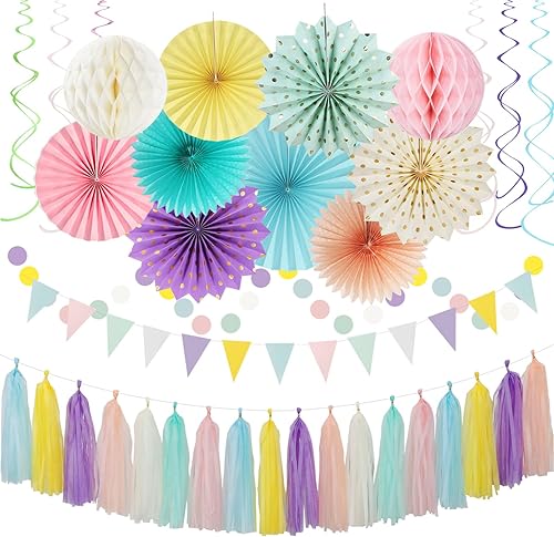 Decoraciones de Fiesta Arcoíris Pastel Rosa Púrpura Amarillo Durazno - Kit de 33 piezas Pancarta, Serpentinas Guirnalda de Borlas, Pompones de Papel