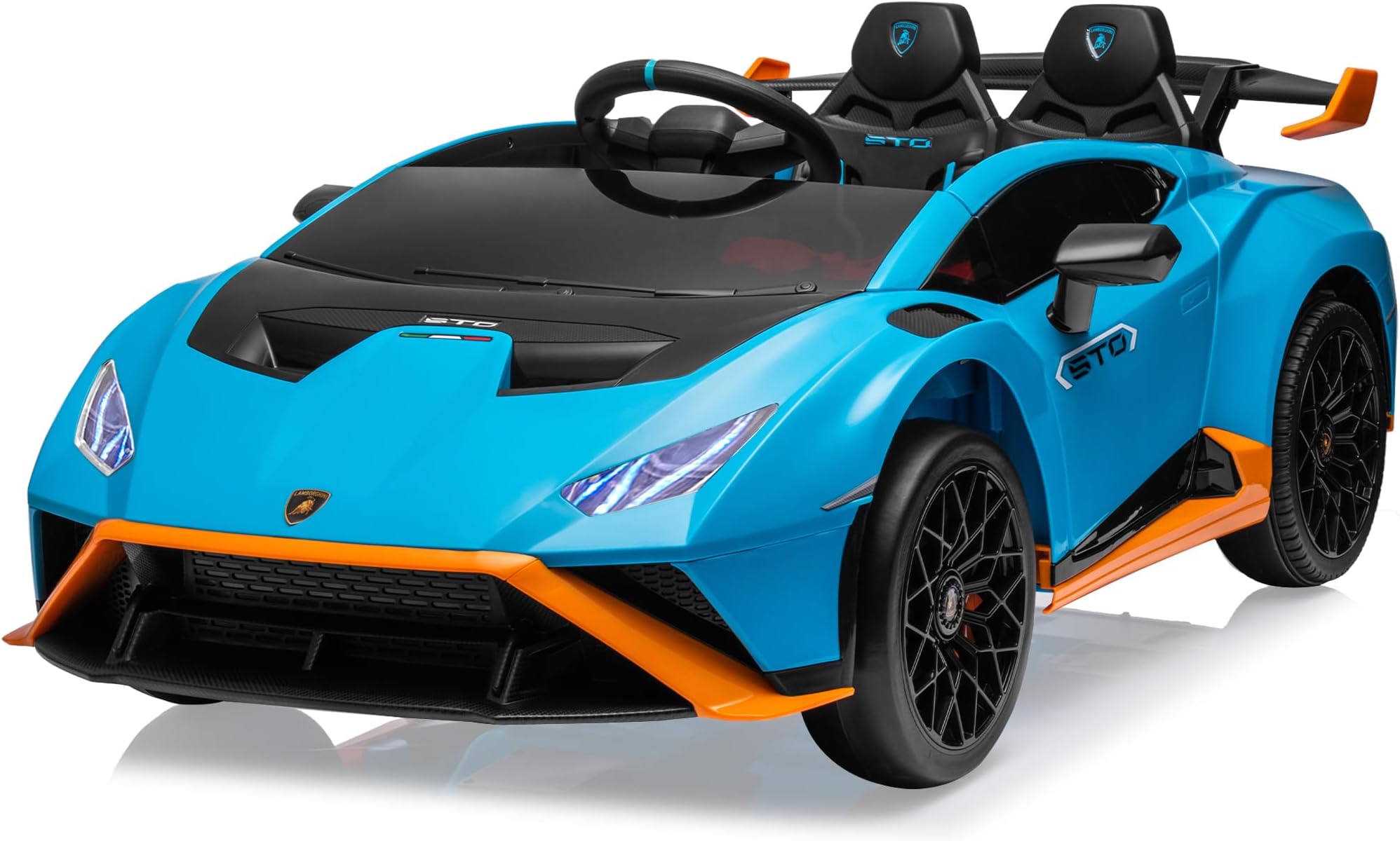 Track Seven 24V Kids Electric Ride-On Drift Car, Licensed Lamborghini Huracan STO, 360° Spin, Drift Feature, Two-Point Safety Belt, LED, Music, USB (Blue)
