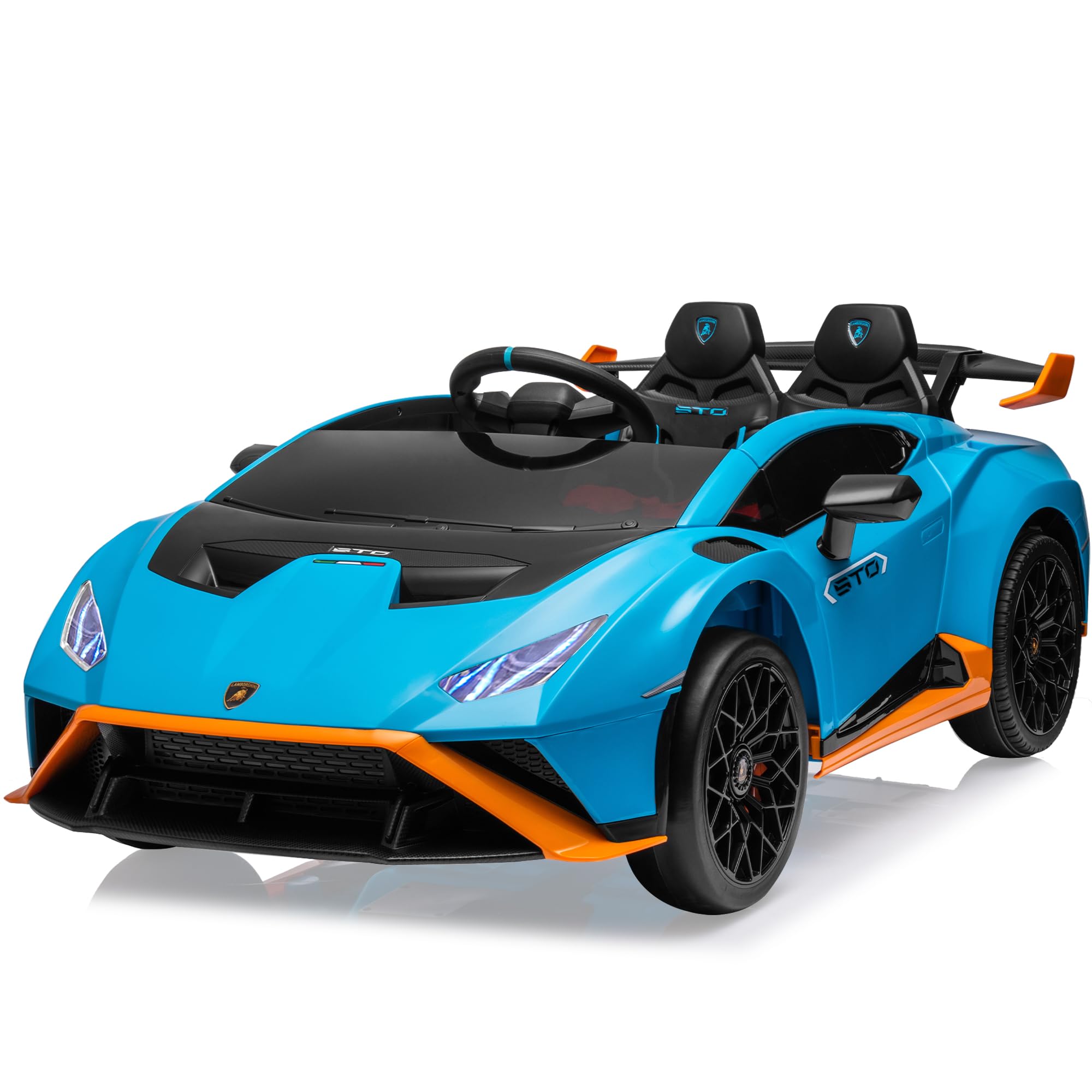 Track Seven 24V Kids Electric Ride-On Drift Car, Licensed Lamborghini Huracan STO, 360° Spin, Drift Feature, Two-Point Safety Belt, LED, Music, USB (Blue)