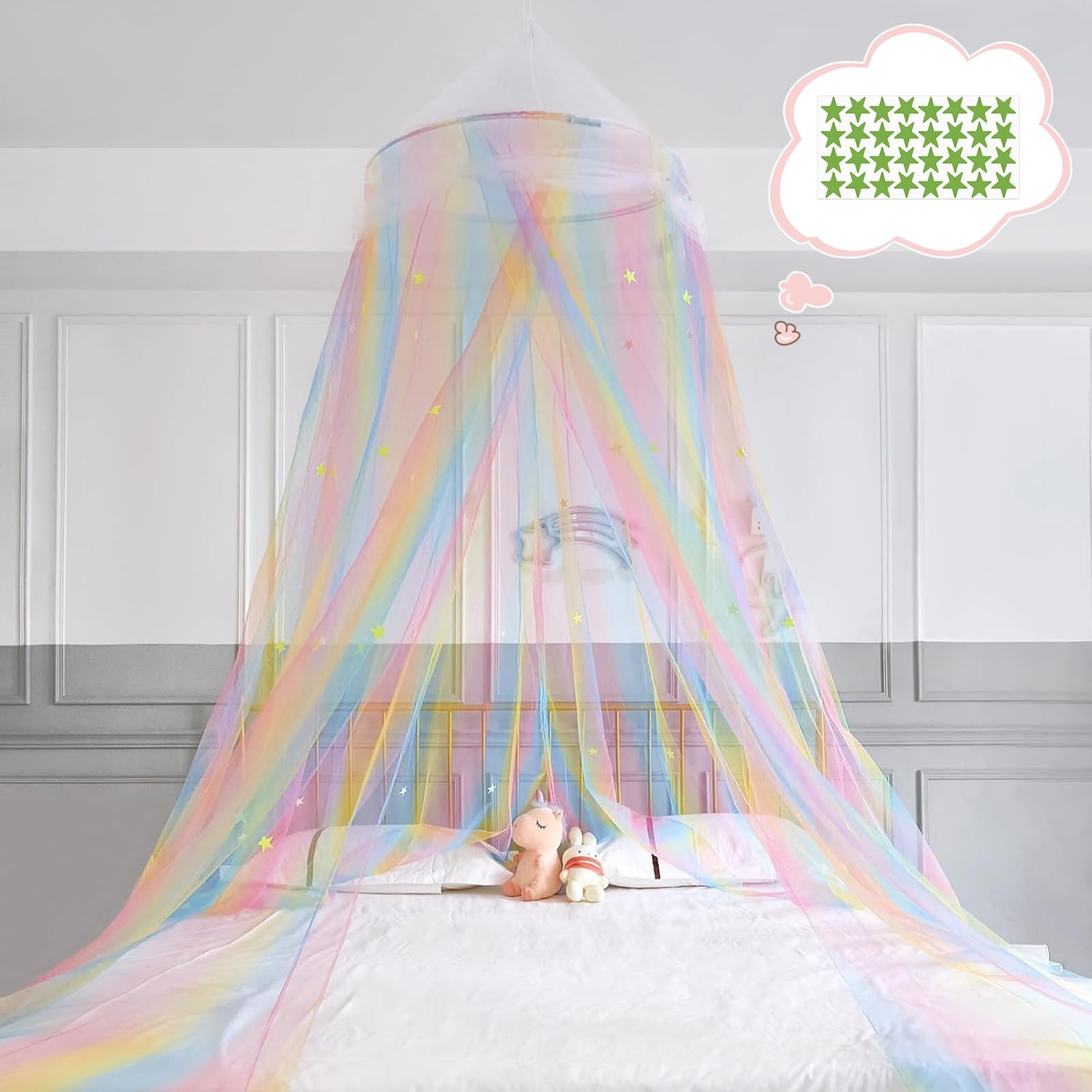 FIOBEE Bed Canopy Bed Curtains Mosquito Net Room Décor with Stars for Bedroom, Rainbow