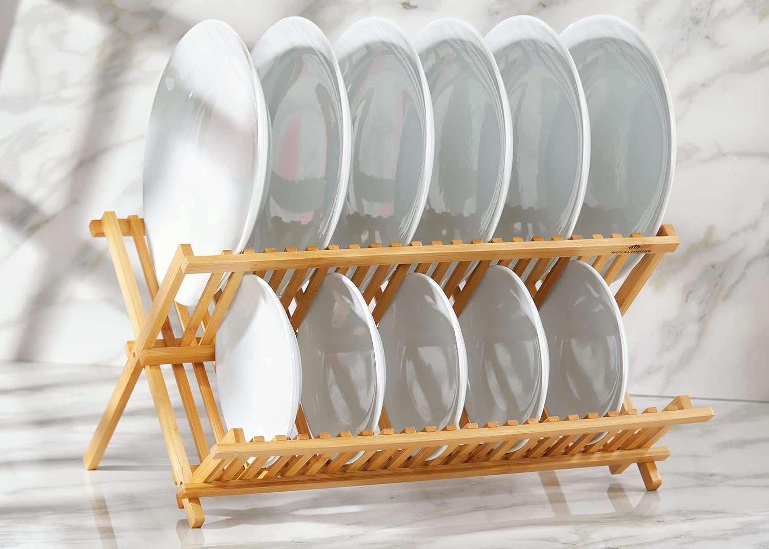 RoyalHouse Premium Natural Bamboo Dish Rack, Collapsible Dish Drainer, Foldable and Compact Dish Drying Rack for Kitchen Counter