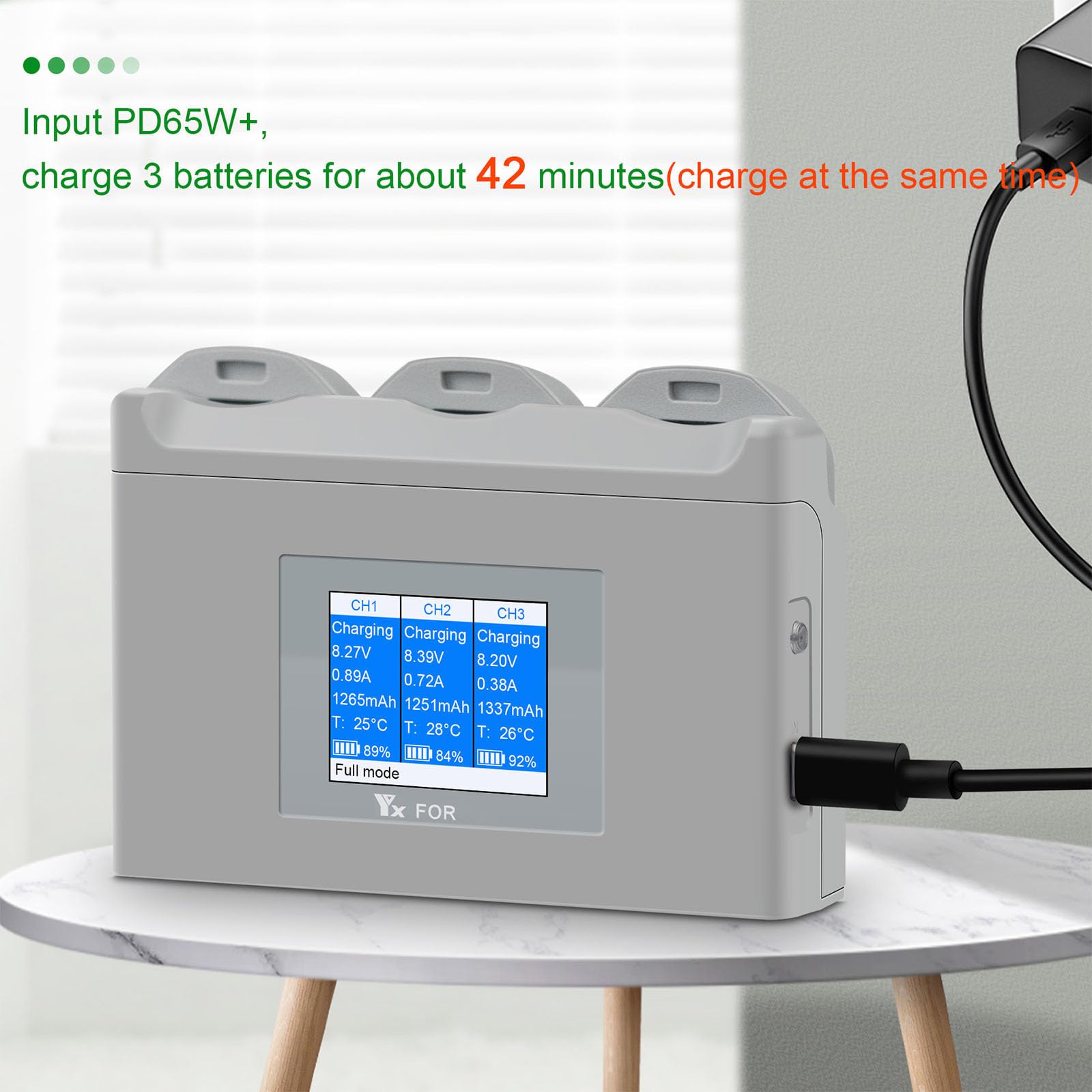 Station de charge de batterie à écran LCD 3 voies avec capacité de stockage et de charge rapide