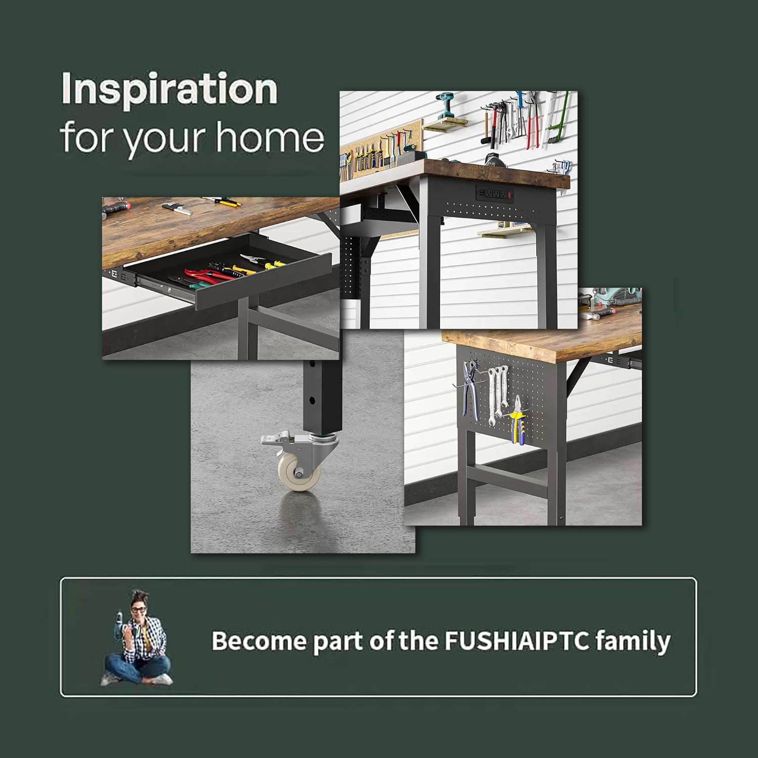 Heavy Duty Workbench Legs, Metal Table Legs Height Adjustable 27.5“ to 40.5”, Features Lockable Wheels, Power outlets, pegboard, and Drawers Enjoy The Fun of DIY Desk