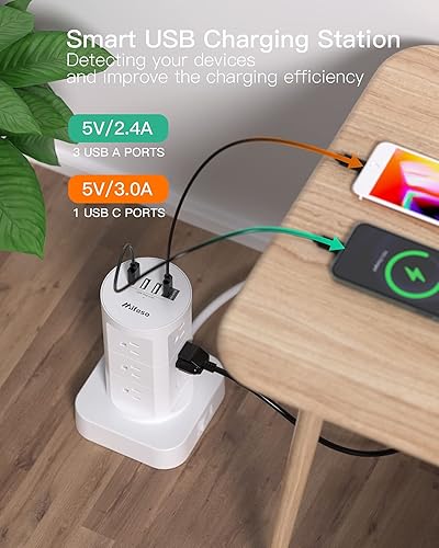 Miniatura 2 de Torre de regleta de alimentación con protector de sobretensiones  12 tomas amplias con 4 puertos USB (1 USB C), cable de extensión resistente de 6