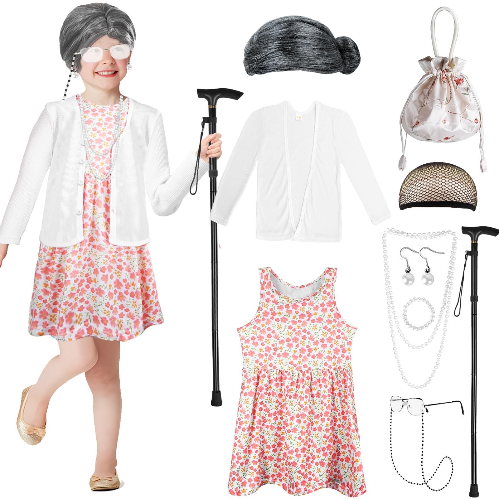 Kid 100th Day of School Costume, Old Lady Costume for Girls, 100 Days of School Costume Grandma Granny Wig Accessories Outfit