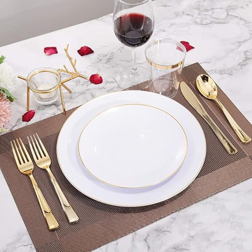 Miniatura 3 de Nervure Platos de plástico para 30 comensales, color negro con borde dorado y cuchillería de plástico dorado con mango negro Vajilla de plástico