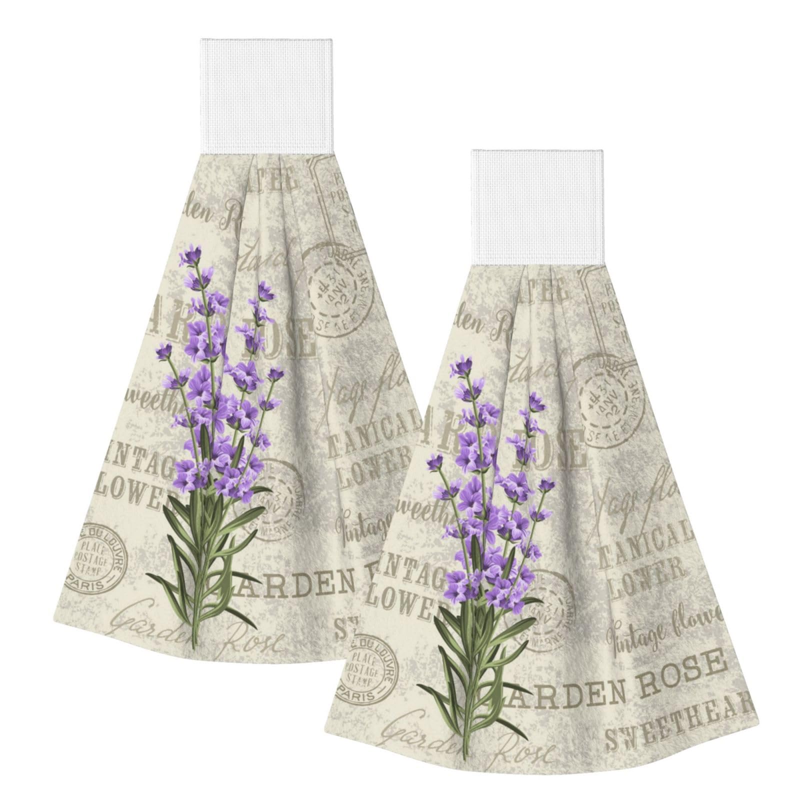 DOPKLNA Retro Lavender Stamp, 2 Pcs Hanging Coral Fiber Hand Towels for Bathroom, Absorbent Kitchen Towels
