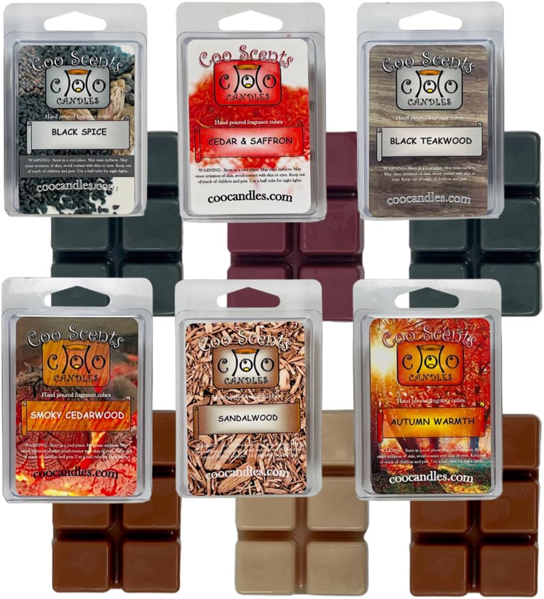 Fall Mix Wax Melts, 6 Pack - USA Made - Wax Cubes for Wax Melt Warmer, Masculine Autumn Variety Pack - Smoky Cederwood, Black Spice, Autumn Warmth, Sandalwood, Teakwood, Cedar and Saffron
