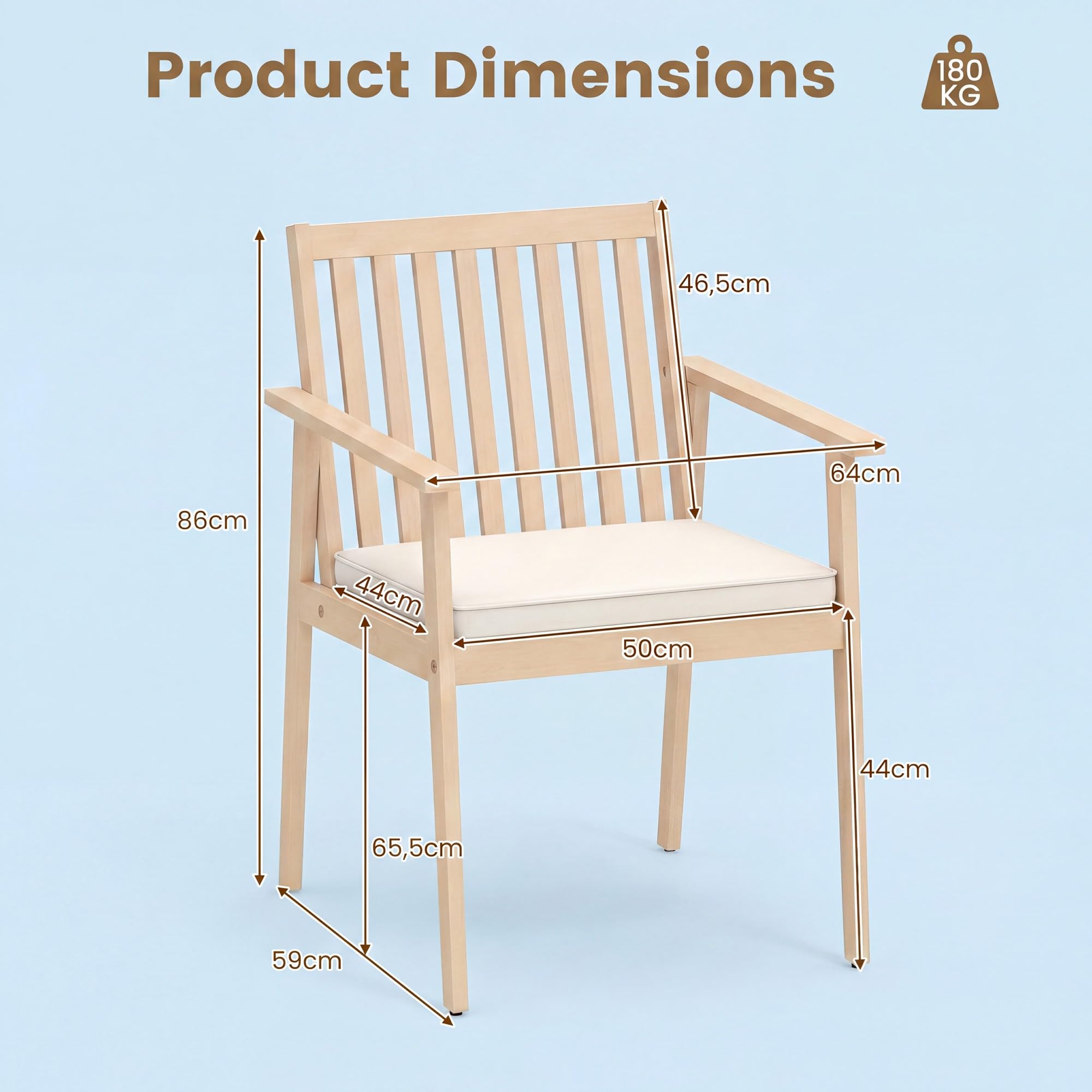 GIANTEX Juego de 2 sillas de comedor de madera de acacia con cojín acolchado, reposabrazos y patas ajustables, silla de cocina de hasta 180 kg, para patio, terraza, 64 x 59 x 86 cm (beige)