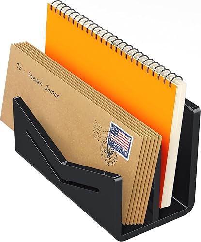 Beego Organizador de sobres y correos para encimera, 2 compartimentos, organizador de escritorio de acrílico negro, soporte para cartas,