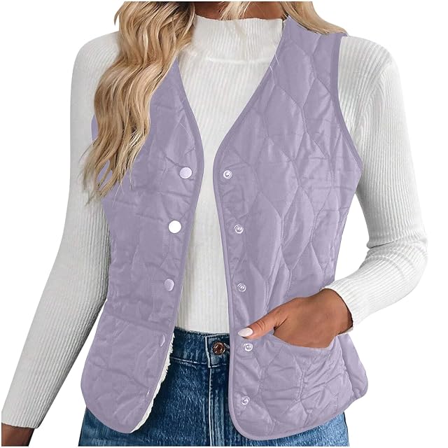 Womens Vest Winter Warm Sleeveless Quilted Jacket Fall V Neck Puffer Vests Lightweight Button Down Coats