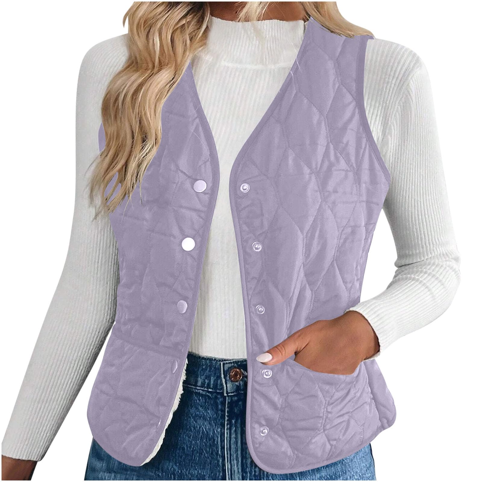 Womens Vest Winter Warm Sleeveless Quilted Jacket Fall V Neck Puffer Vests Lightweight Button Down Coats