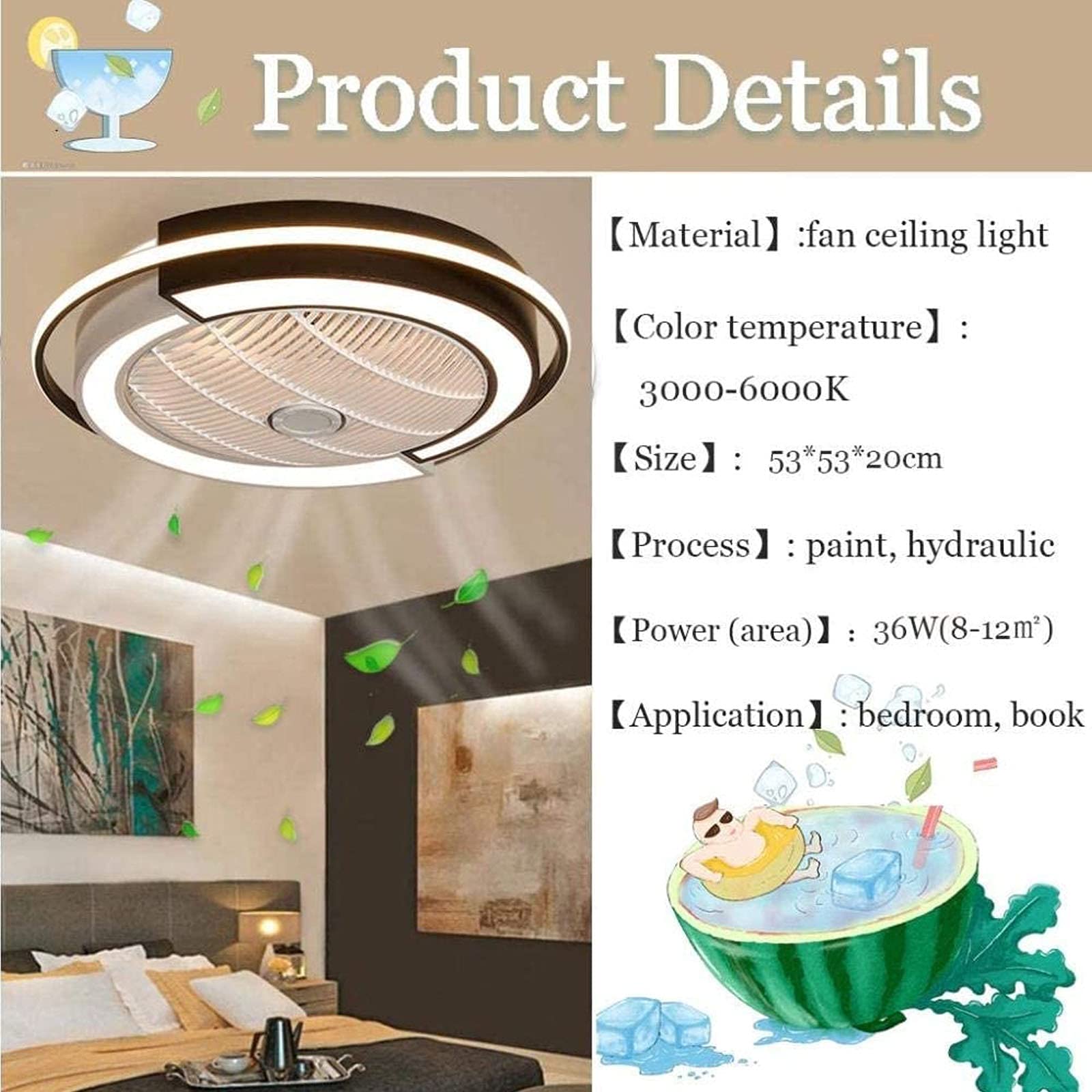 Lampa sufitowa z wentylatorem 36 W Żyrandol 53 x 20 cm z oświetleniem Lampa sufitowa z pilotem Lampa wentylatora ściemniania regulowana prędkość wiatru Lampa