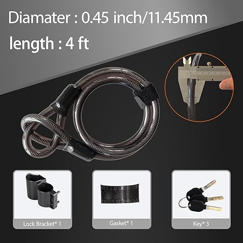 Miniatura 4 de Candado en U resistente antirrobo con cable de acero de seguridad de 4 pies, 3 llaves y soporte de montaje incluidos, cerraduras de bicicleta