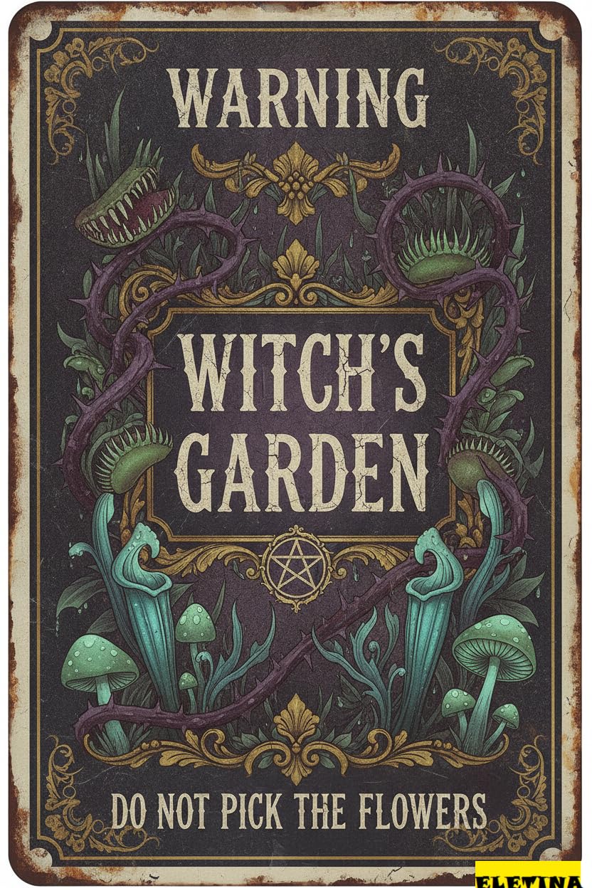 Witch's Garden Warning Tin Sign, 8x12 Inch Garden Decor