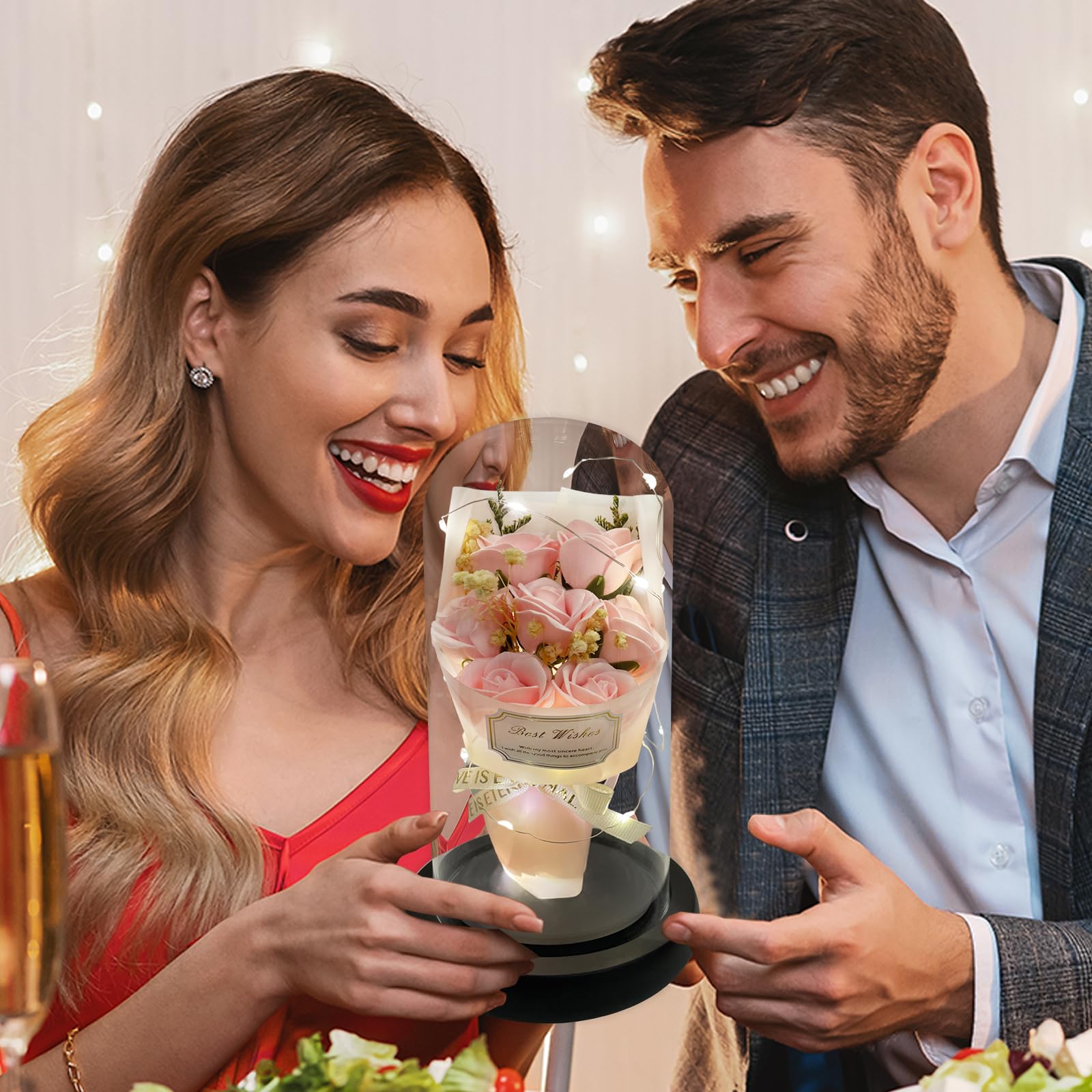 Cadeau pour elle - Bouquet de fleurs éternelles - Dôme en verre préservé - Lumière LED - 100 langues - Collier pour la fête des mères, un anniversaire, la Saint-Valentin - Cadeau romantique pour femme