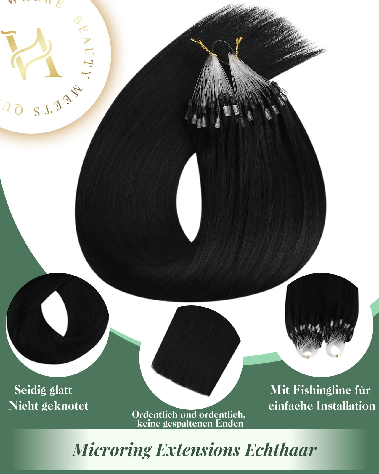 Ugeat Microring Extensions Echthaar Schwarz 55 cm Microring Echthaar Extensions Glatt Schwarz Haarverlängerung Micro Black Remy Haar 50g 50s