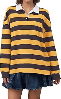 Meladyan Rugby Shirt Women Polo Striped Sweatshirt Oversized Long Sleeve Lapel V Neck Pullover Top Y2K Streetwear Blouses
