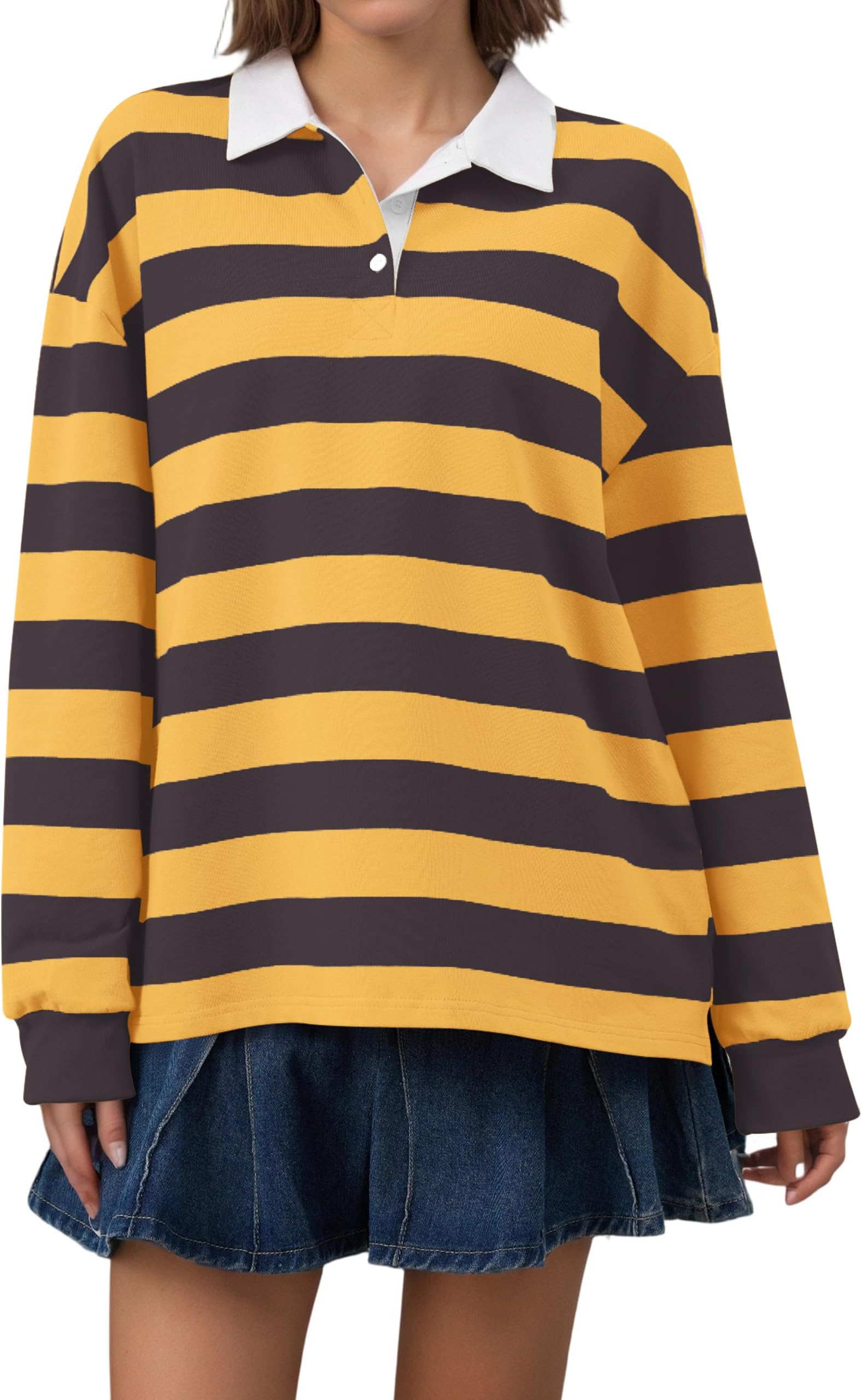 Rugby Shirt Women Polo Striped Sweatshirt Oversized Long Sleeve Lapel V Neck Pullover Top Y2K Streetwear Blouses