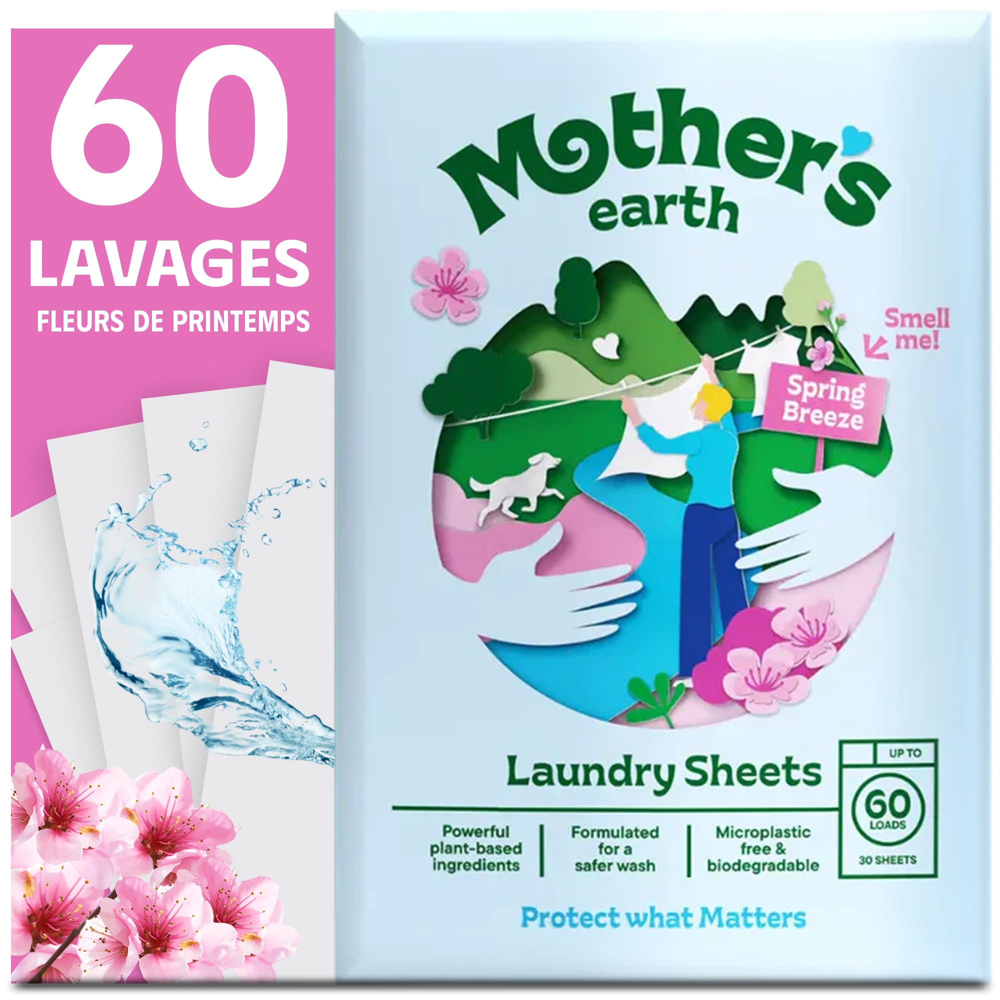 Mother's Earth Waschmittel-Blätter – Frühlingsblüte-Duft – Nachhaltige, kraftvolle Reinigung, ohne Plastikverpackung, optische Aufheller & Parabene – Für bis zu 60 Waschladungen