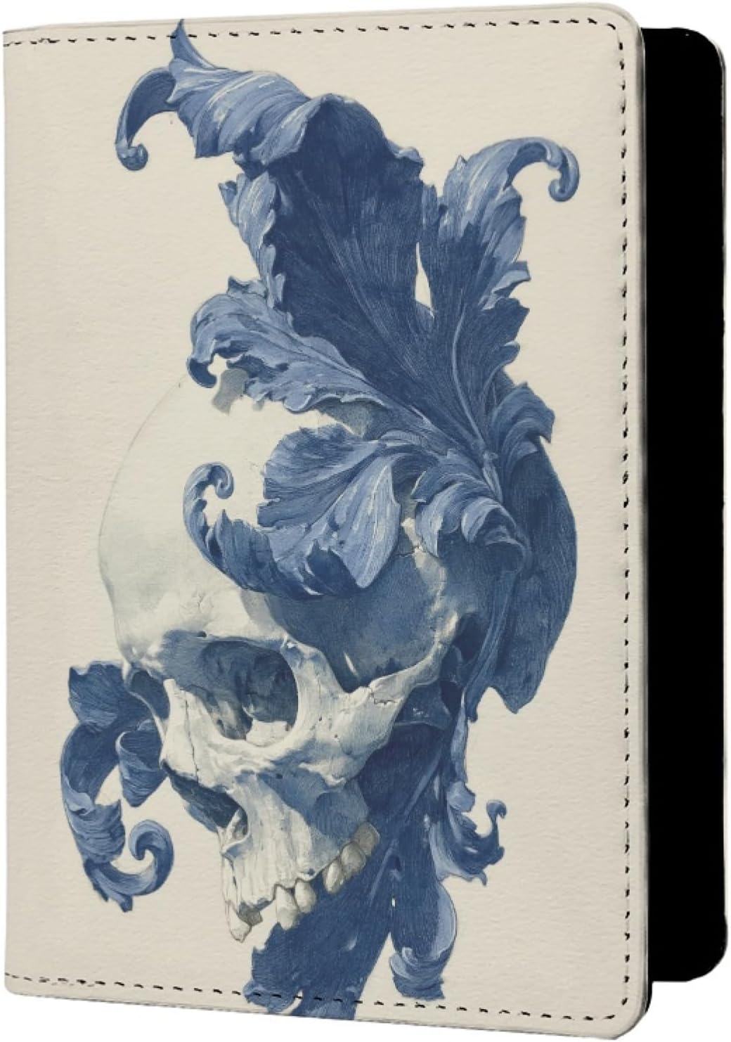 Mens Skull Print Passport Holder for Travel Vintage Leather Passport Cover Protector with Credit Card Slots Card Case Cover Blue White Black Onesize