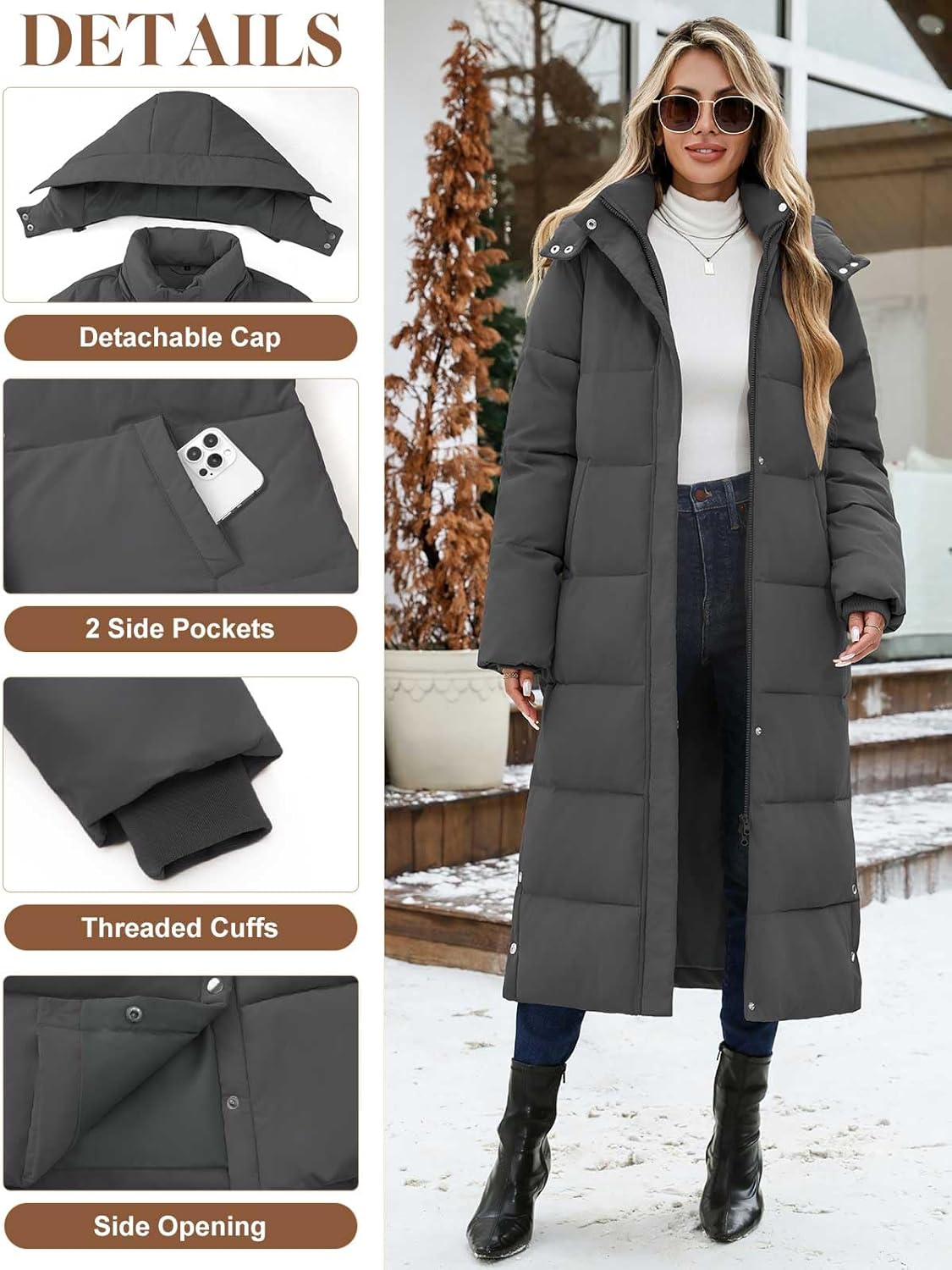 Women's Long Maxi Down Coat Winter Puffer Jacket Warm Padded Outerwear Faux Fur Removable Hood Parka Full-Zip - Image 4