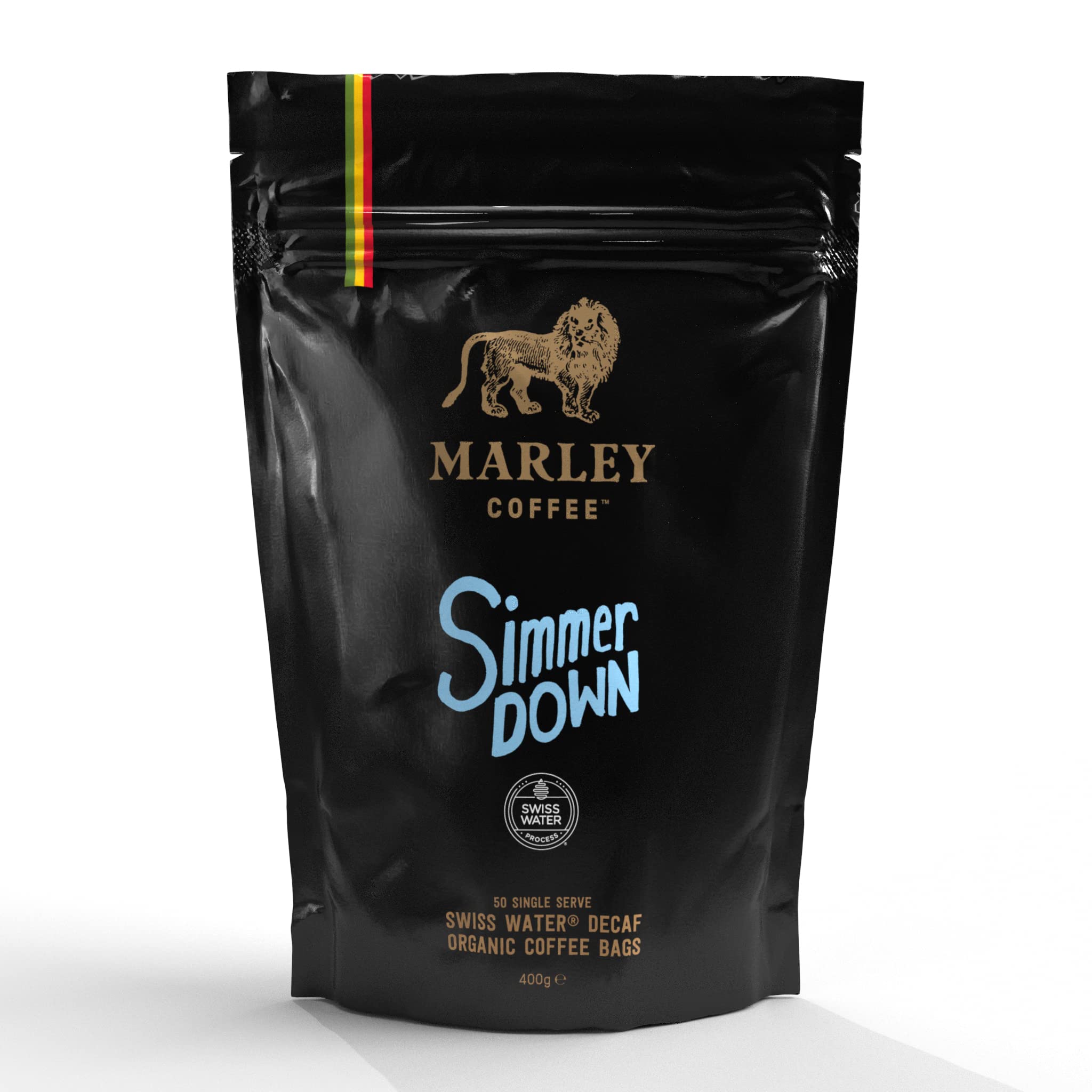 Decaffeinated Coffee Bags - 50 x Decaf Organic Ground Coffee Bags - Simmer Down Blend - Marley Coffee - From The Marley Family - Medium Roast - Strength 3