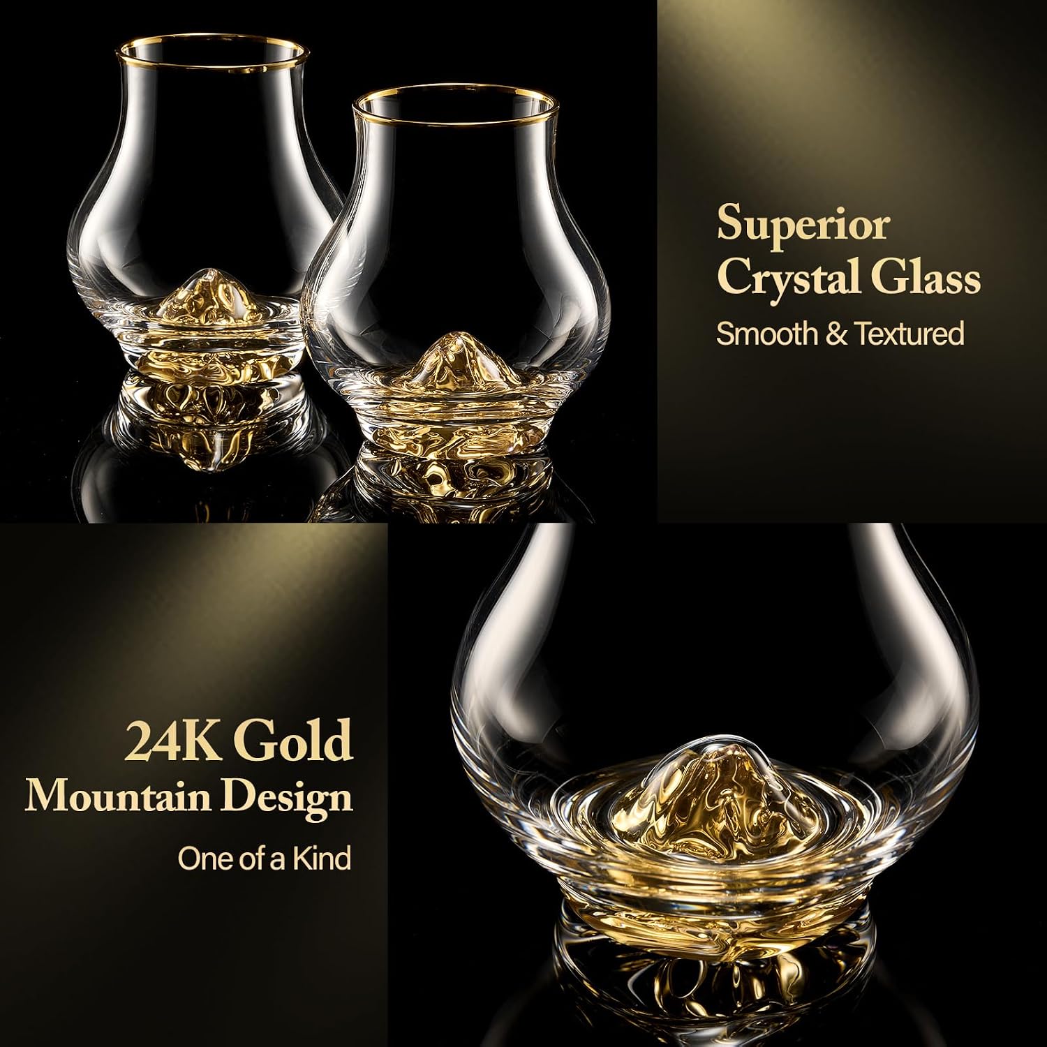 DUJUST Curvaceous Whiskey Glasses Set of 6 (7oz/205ml), Crystal Whiskey Glasses with 24K Gold Mountain, Old Fashioned Glass for Brandy/Cognac/Bourbon/Tequila, Luxury Gift, BPA-Free & Lead-Free
