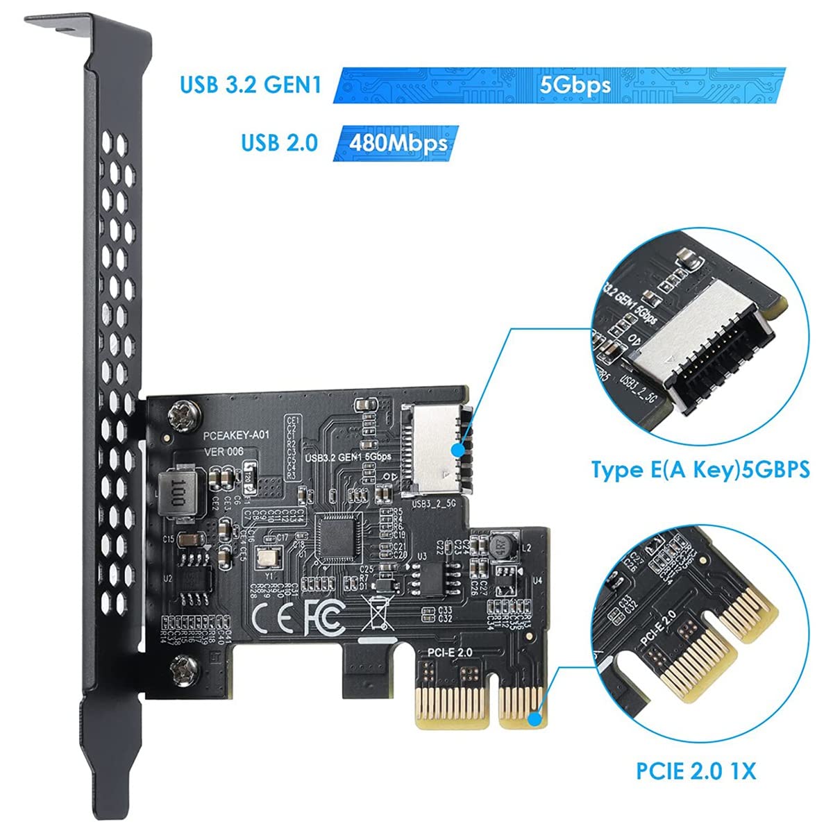 pizarra PCI-E 1X to USB 3.2 GEN1 5Gbps Type-E A-Key Expansion Card,Front Panel Type-C Interface for Desktop PC(ASM1042A)