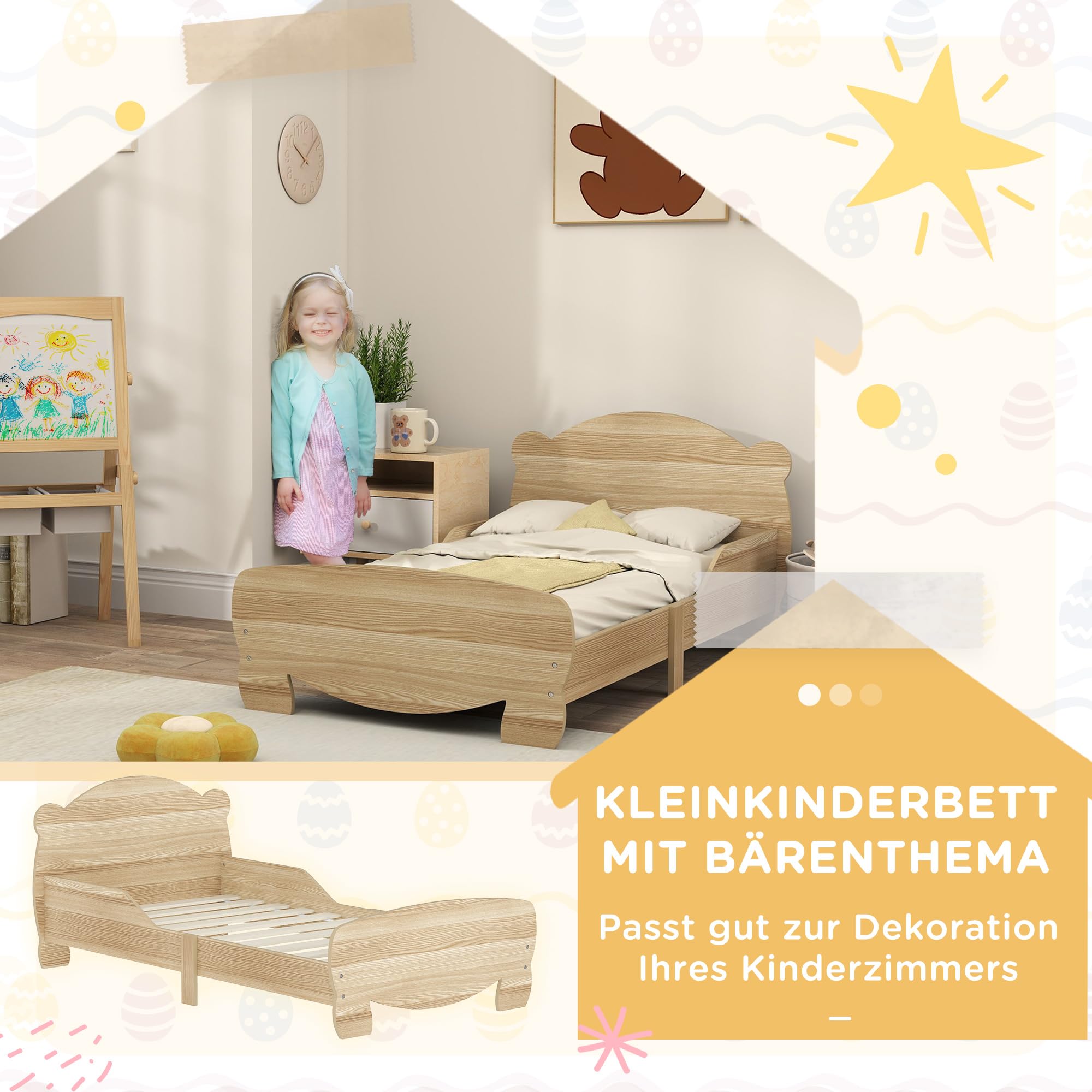 AIYAPLAY Kinderbett mit Rausfallschutz Lattenrost 140 x 70 cm Jugendbett mit Bären-Design Einzelbett für Mädchen und Jungen Naturholz
