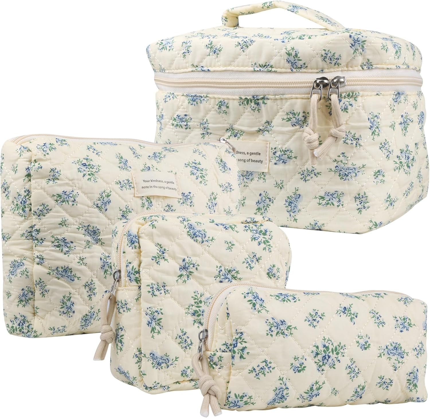 2Pcs Large Capacity Makeup Bag for Women, Cute Portable Quilted Coquette Aesthetic Floral Cosmetic Bag, Organizer Storage Travel Toiletry Bag (0091-Navy Blue)