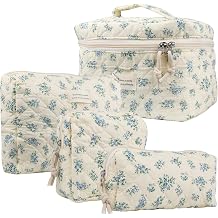 4Pcs Large Capacity Makeup Bag for Women, Cute Portable Quilted Coquette Aesthetic Floral Cosmetic Bag, Organizer Storage Travel Toiletry Bag 004-Blue Rose