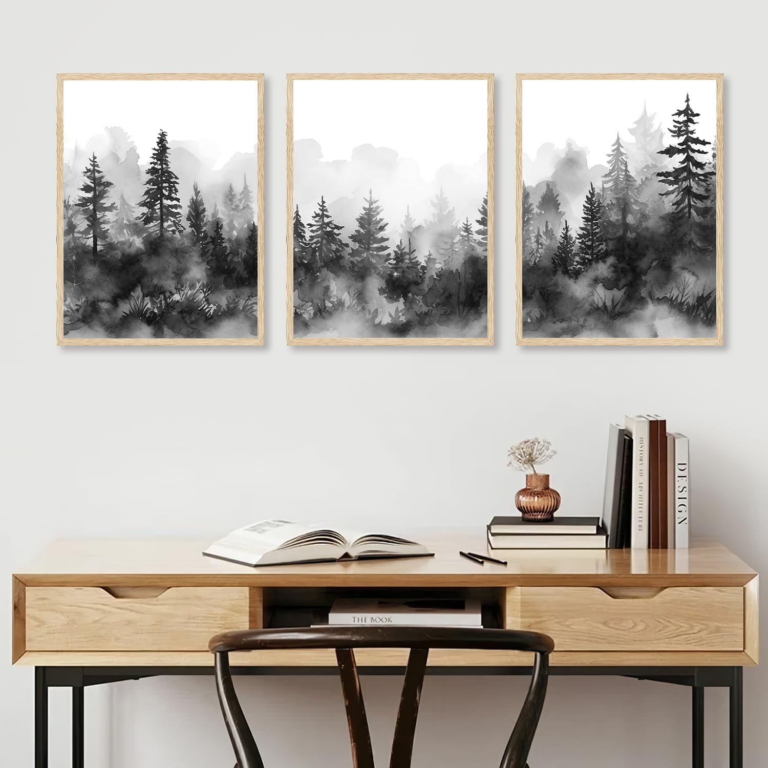 Dazzlewall Misty Forest Mountain Wall Decor Poster Black White Forest Landscape Wall Poster for Bedroom Living Room Decor 12x16 in Unframed Set of 3 - Image 3