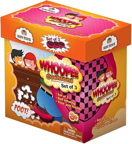 Whoopee - Juego de 3 cojines autoinflados de 7 pulgadas, caja de regalo, broma de pedos, juguete novedoso de broma para niños, adultos, oficina,