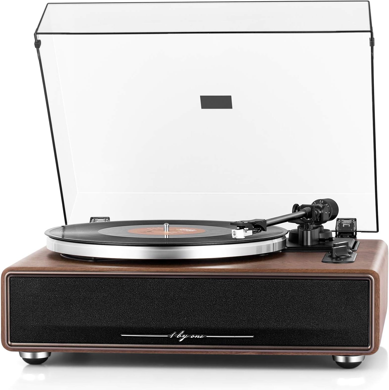 1 by ONE High Fidelity Belt Drive Turntable with Built-in Speakers, Vinyl Record Player with Magnetic Cartridge, Wireless Playback and Aux-in Functionality, Auto Off