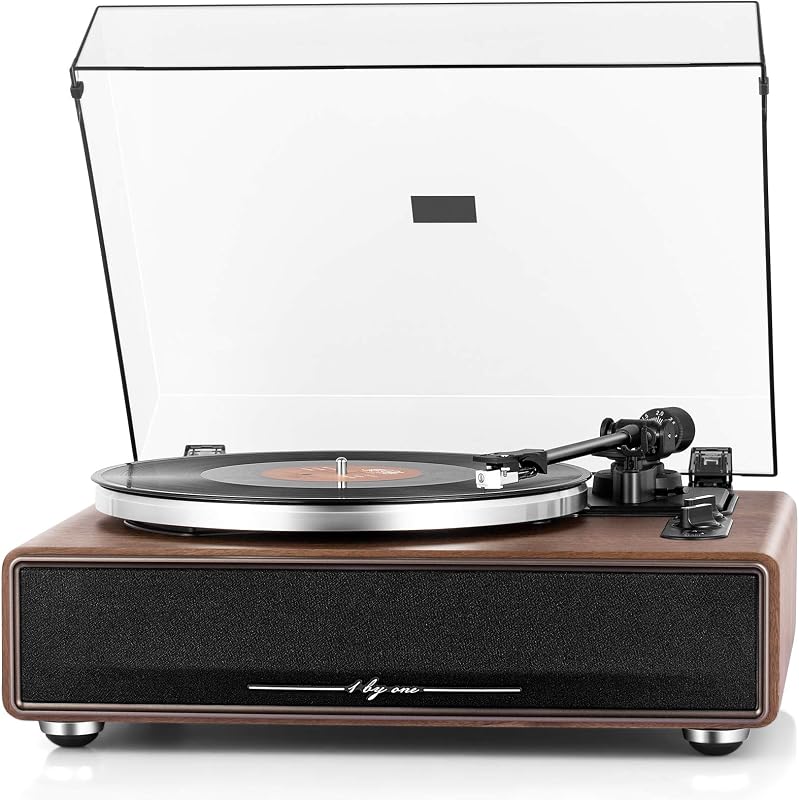 1 BY ONE High Fidelity Belt Drive Turntable with Built-in Speakers | Vinyl Record Player with Magnetic Cartridge, Wireless Playback and Aux-in Functionality, Auto Off