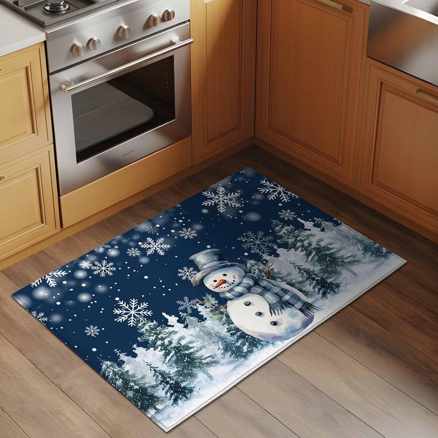 Entrance Runner Rug 2'x3', Christmas Snowman Non-slip Doormat for Indoor Outdoor Entrance, Xmas Trees Navy Blue Snowflake Washable Throw Floor Mat for Front Door/Living Room/Bedroom/Bathroom/Kitchen