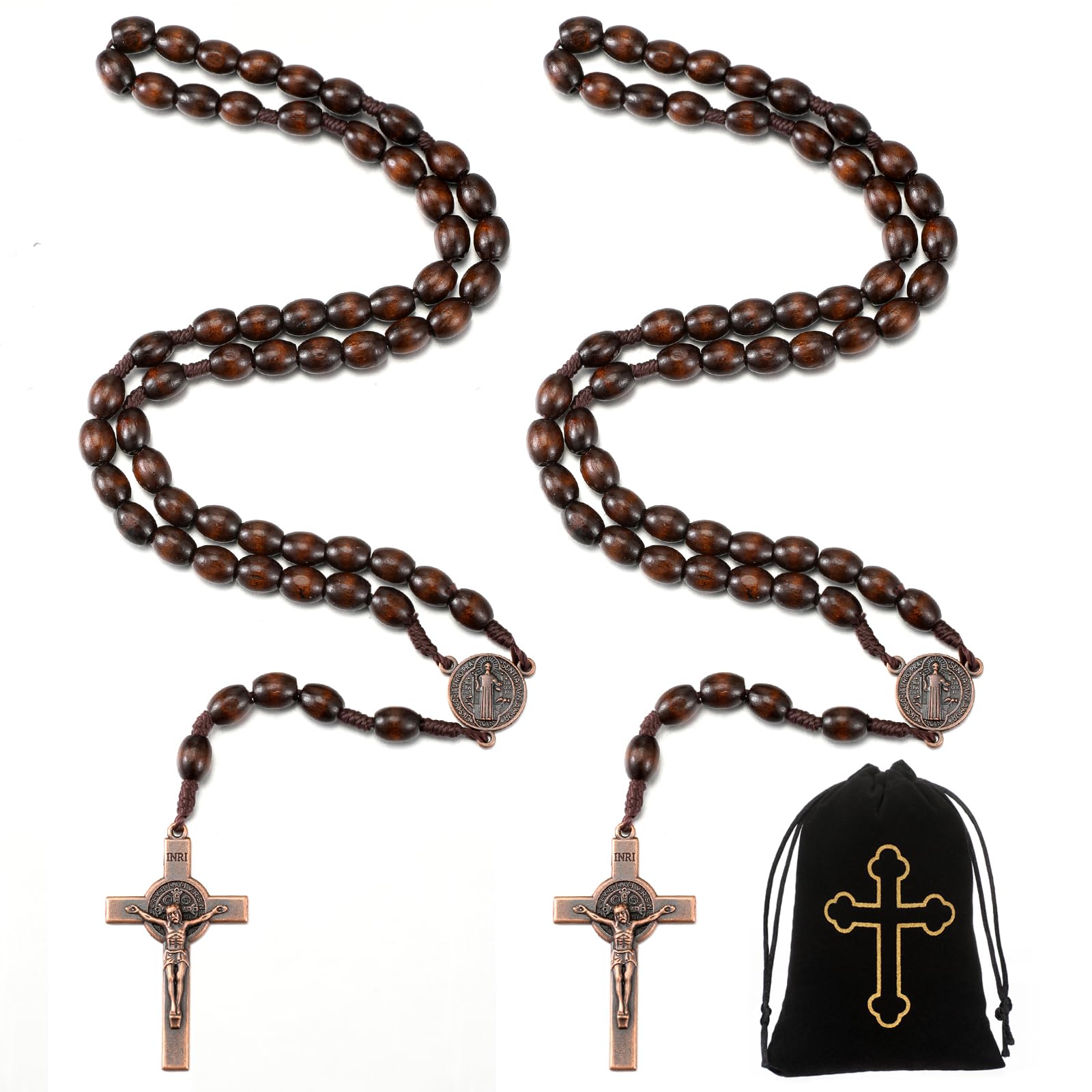Sinmoe 2 Piezas Collares de Rosario de Madera con 2 Bolsas de Terciopelo Collar de Rosario con Cruz para Hombre Mujer Comunión Bautismo
