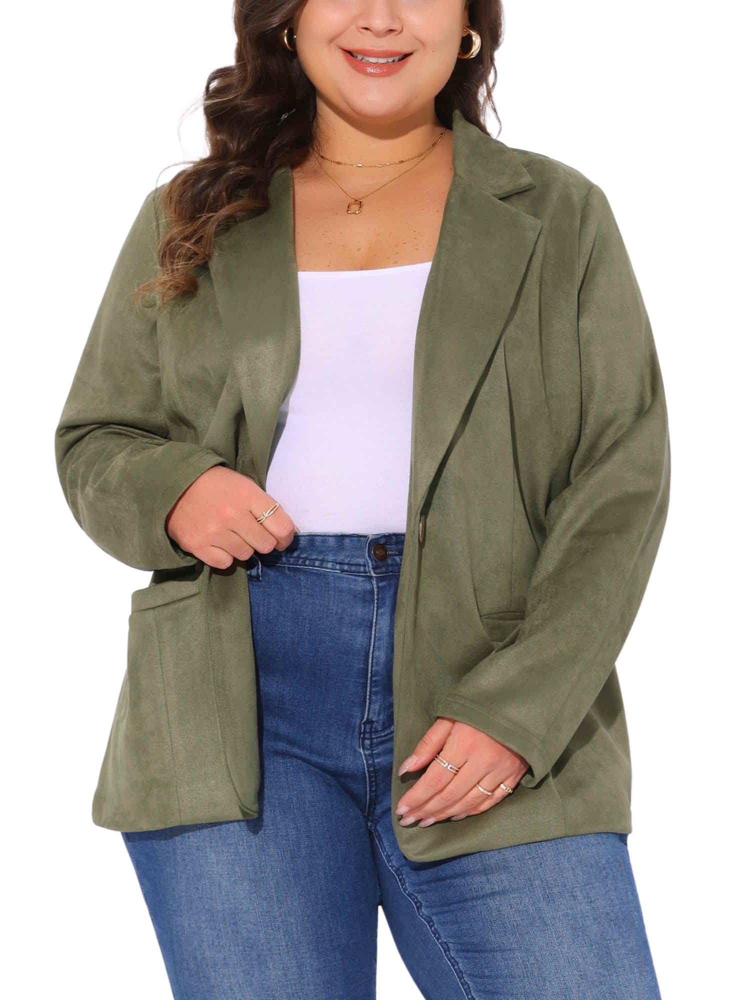 Agnes Orinda Plus Size Faux Suede Jacket for Women Lapel Collar Button Front Long Sleeve Work Casual Blazer