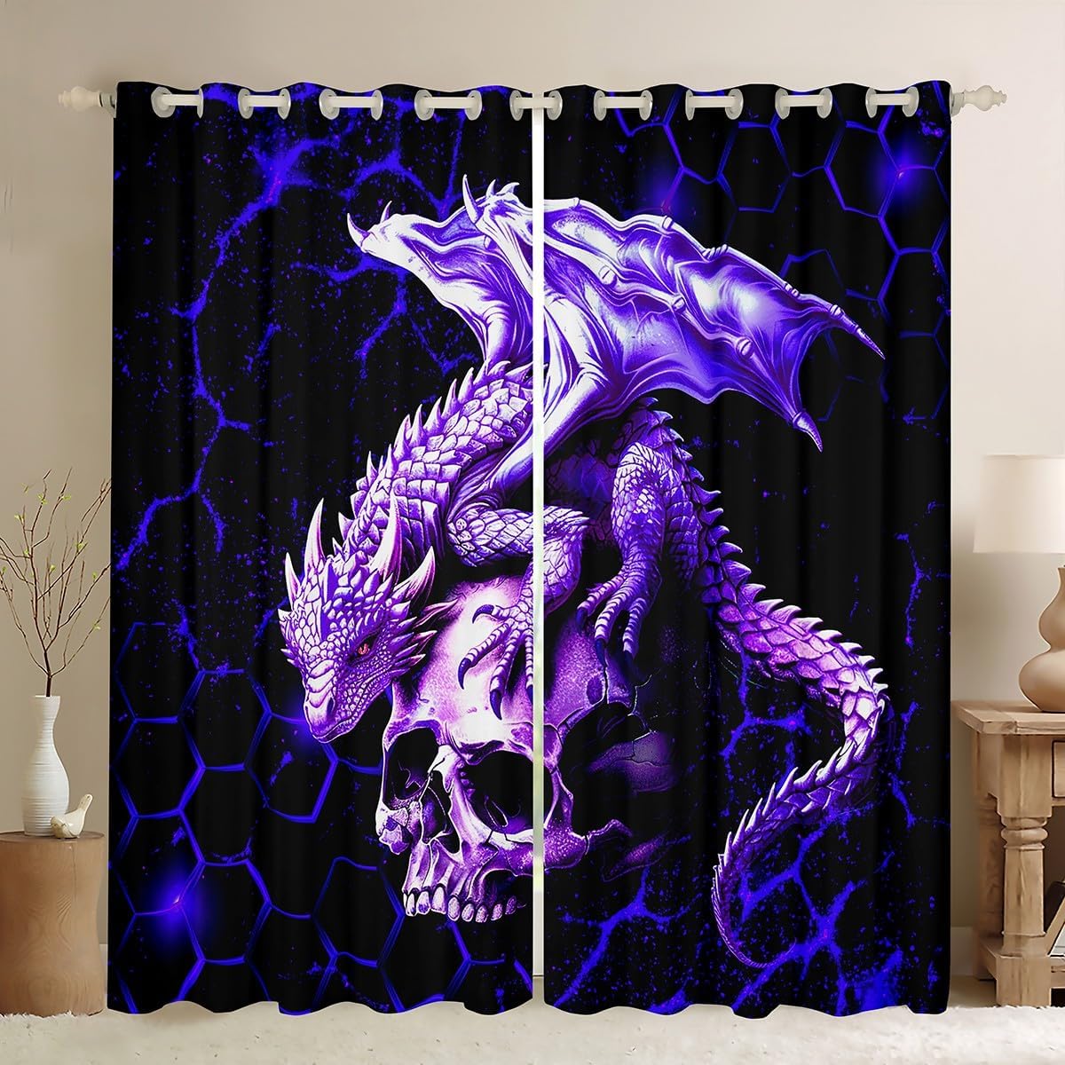 Feelyou Dragon Curtains for Bedroom Living Room (2 Panels, 42 x 90 Inch) Kids Purple Blue Honeymoon Blackout Curtains Sugar Skull Darkening Drapes Wild Animal Window Treatments