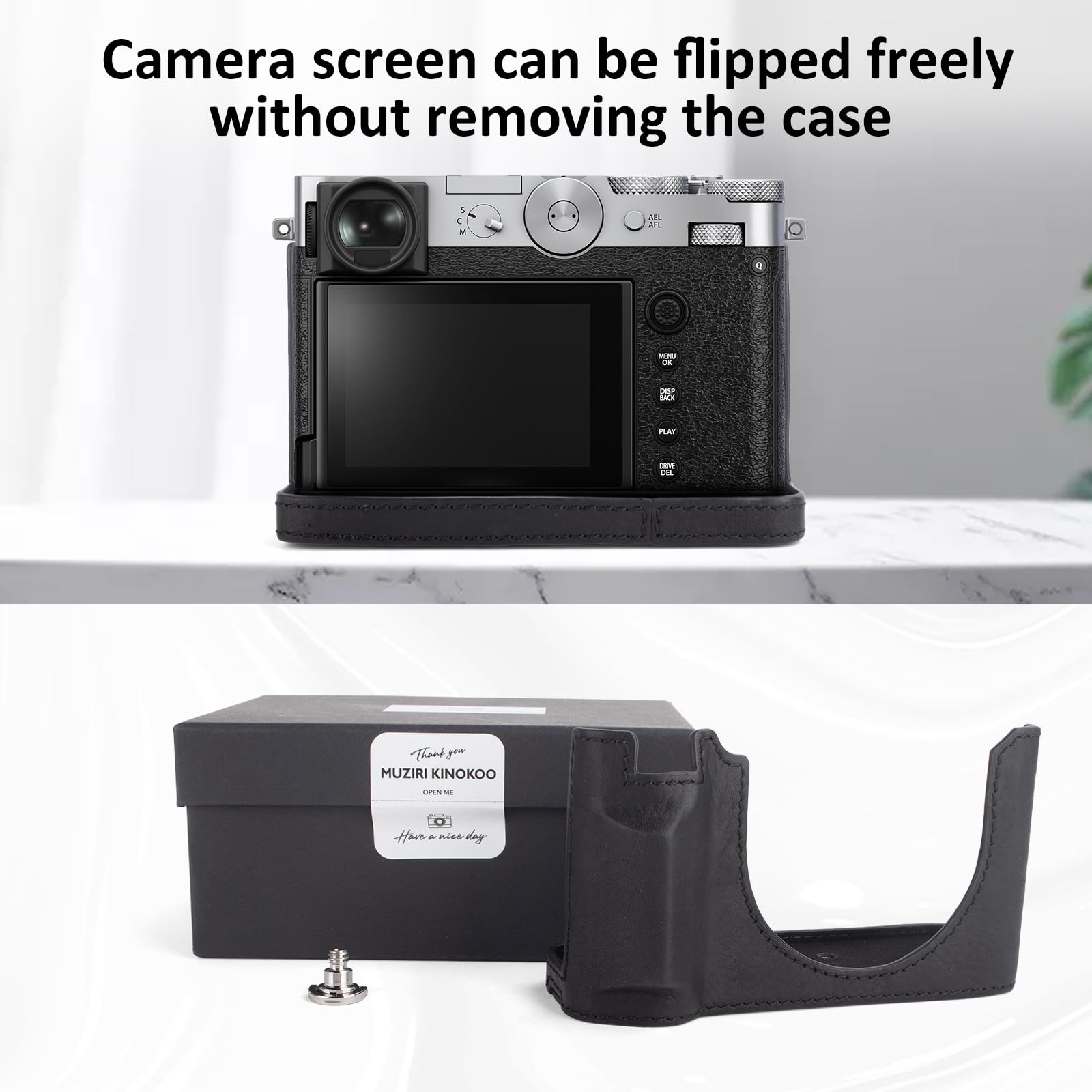 MUZIRI KINOKOO Housse pour Fuji GFX100 RF, Demi-étui de Protection en Cuir véritable Compatible avec Les appareils Photo numériques Fuji GFX100 RF/GFX100RF - avec Ouverture en Bas et poignée - Noir