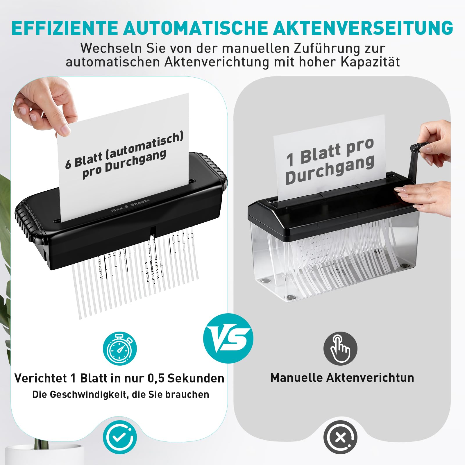 Aktenvernichter Streifenschnitt, 6 Blatt Kapazität, Kreditkarten Zerkleinerung, Überhitzungsschutz,Korb-frei Design, Sicherheitsstufe P-2 für Heim- und Büroeinsatz,Aktenvernichter mit ausziehbarem Arm