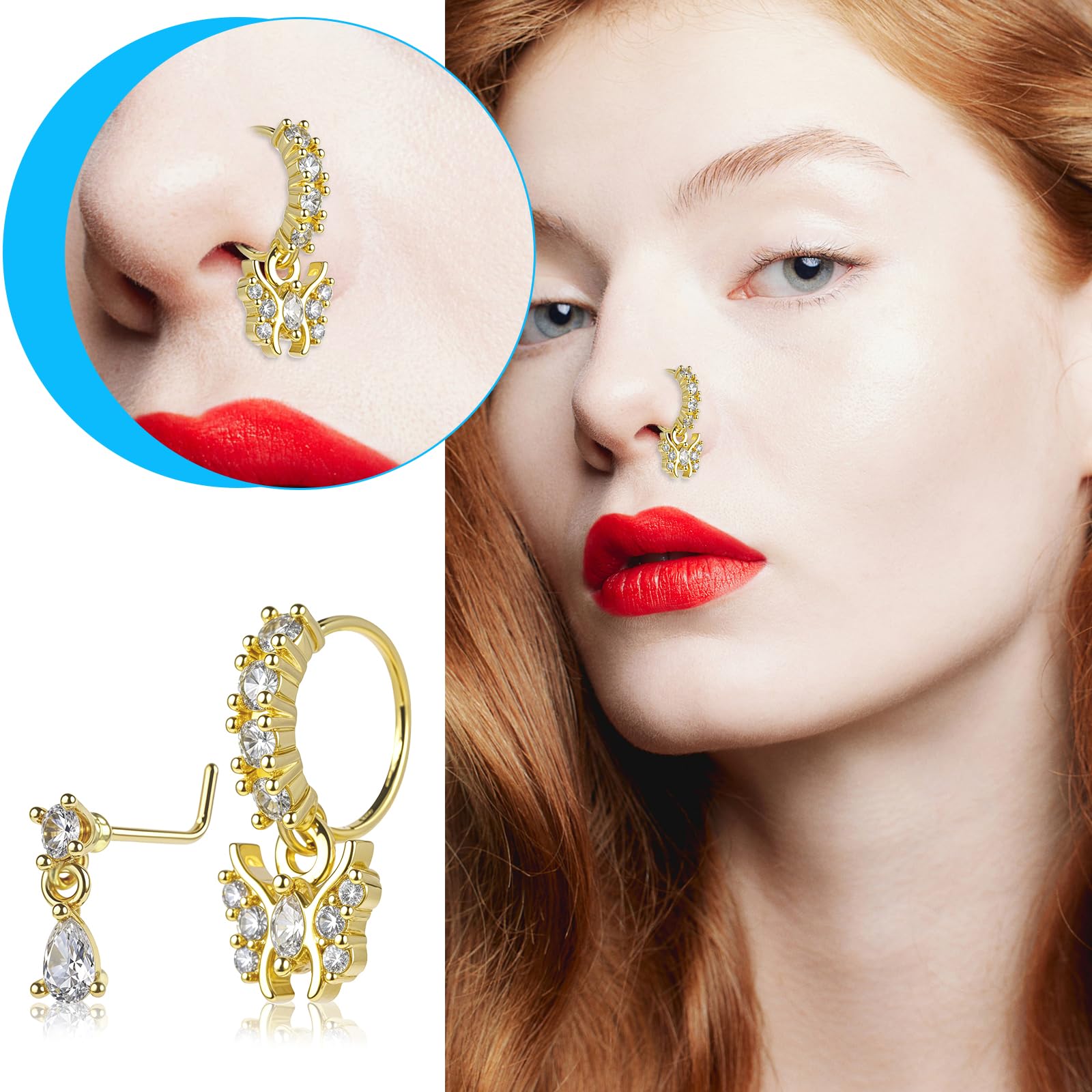 Lot de 10 anneaux de nez pendants pour femme - 20 g - En forme de L - Jolis anneaux de nez avec breloque en zircone cubique - Bijoux de piercing indien - Boucles d'oreilles de cartilage pour femme