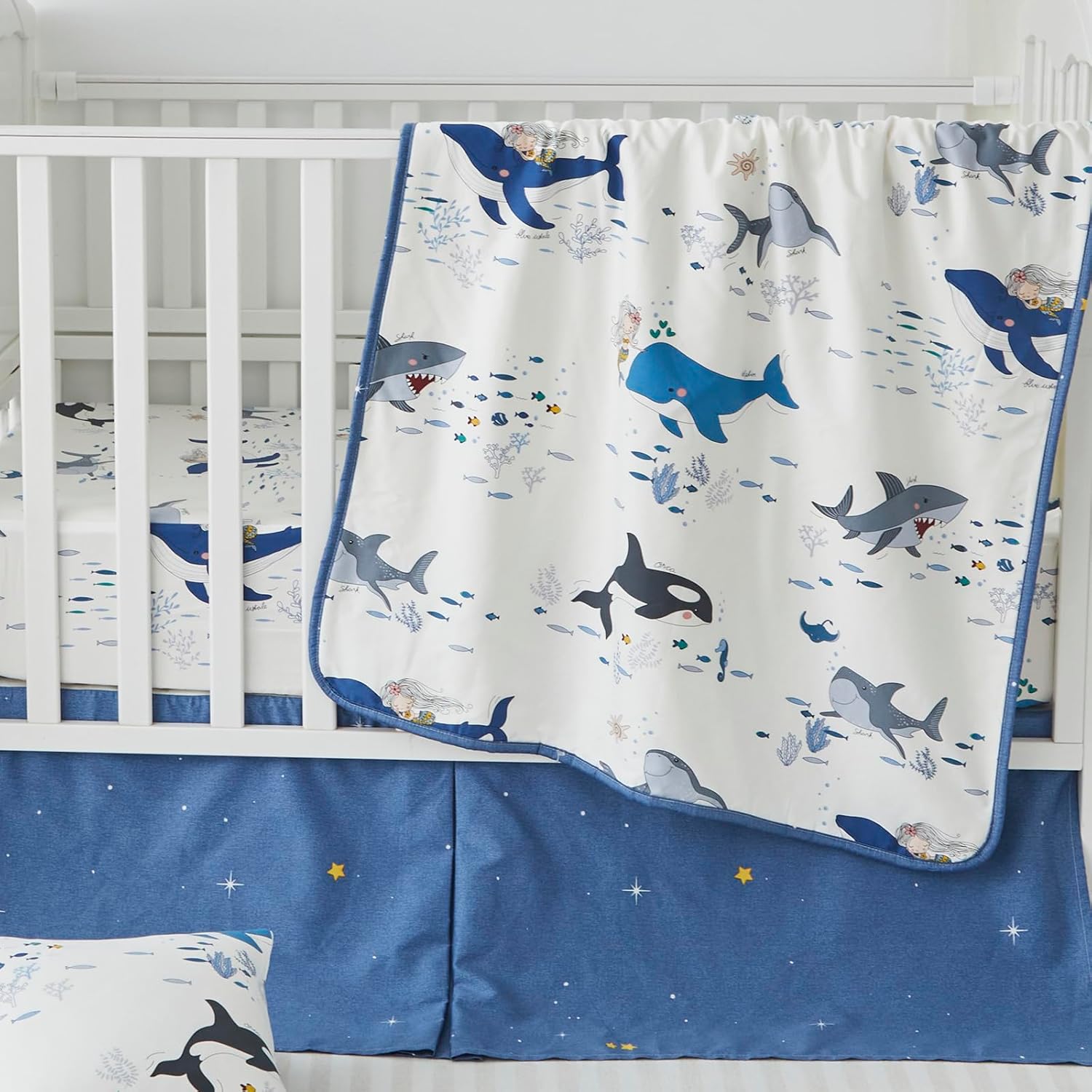 Brandream Crib Bedding Set for Boys Baby Nursery Bedding 100% Cotton Ocean Whale Print Baby Bedding Set Including Crib Skirt, Crib Blanket, Crib Sheet and Diaper Stacker 6 Pieces