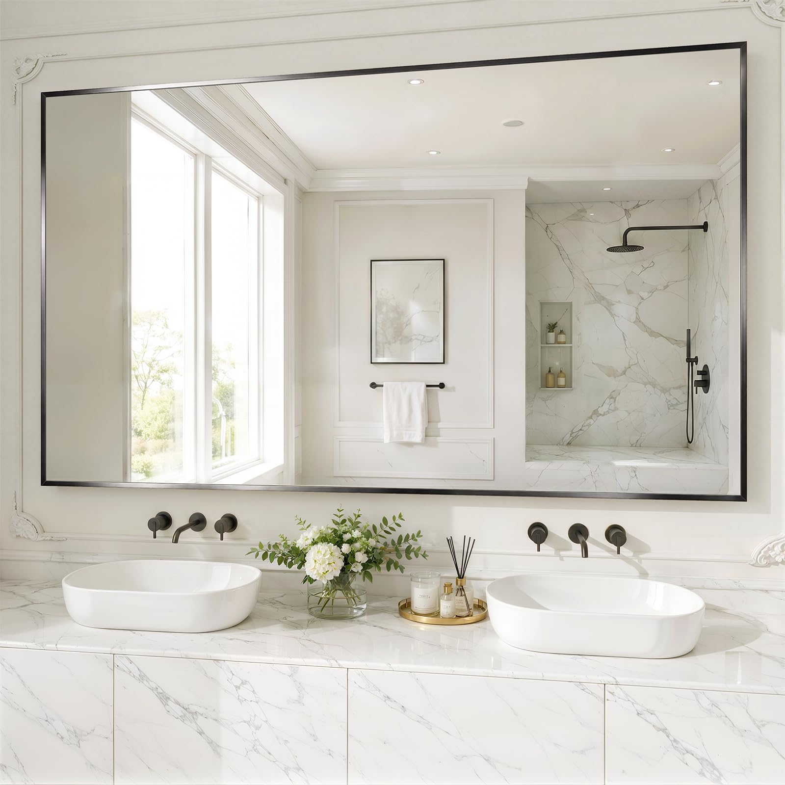 XRAMFY Badspiegel 152×90CM, Wandspiegel mit Bruchsicherer Spiegel aus Gehärtetem Glas, Spiegel Bad Rostschutz, Badezimmerspiegel für Schlafzimmer, Bad, Wohnzimmer, Eingangsbereich, Schwarz