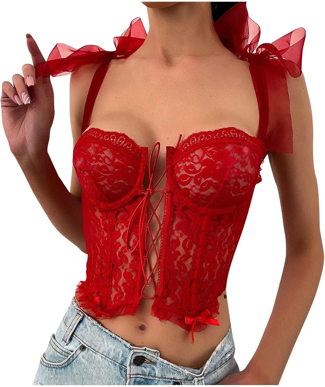 Womens Sheer Lingerie Floral Lace Tie Shoulder Underwire Bra Women'S Underwear Tops
