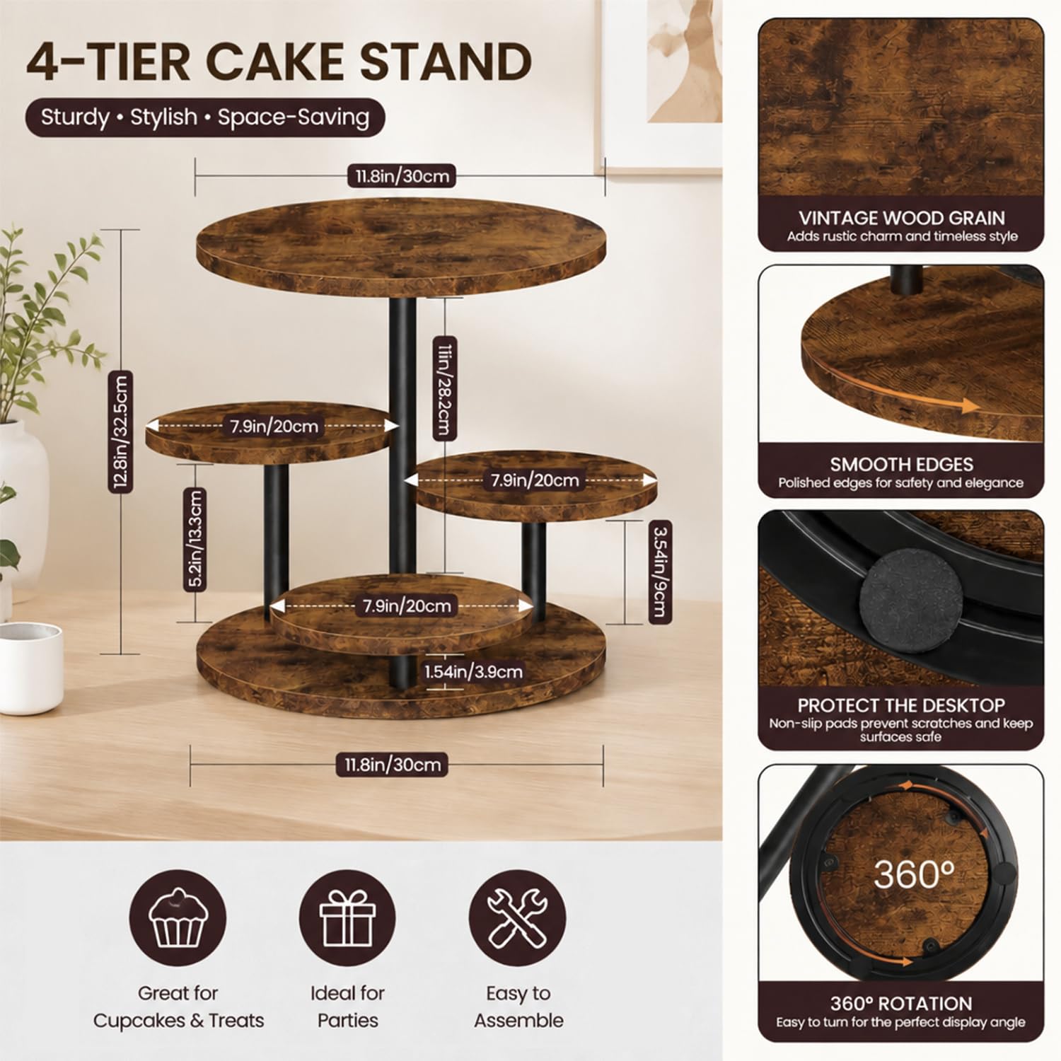 4-Etagen Kuchenständer aus Holz, 360° Tortenplatte Drehbar für Cupcakes, Donuts & Desserts,Kekse, Süßigkeiten, Tortenständer Ø 30cm/32cm für Hochzeit, Geburtstag & Mottoparty