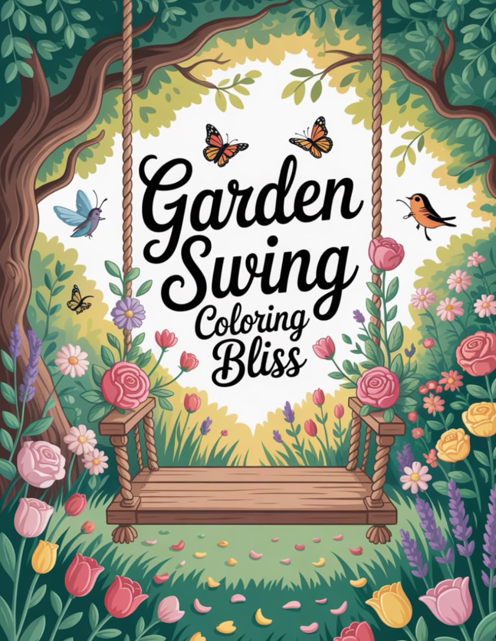 Garden Swing Coloring Bliss: floral coloring book for adults, nature-inspired coloring pages, relaxing garden swing coloring, floral scenes coloring ... art, flowers and leaves illustrations