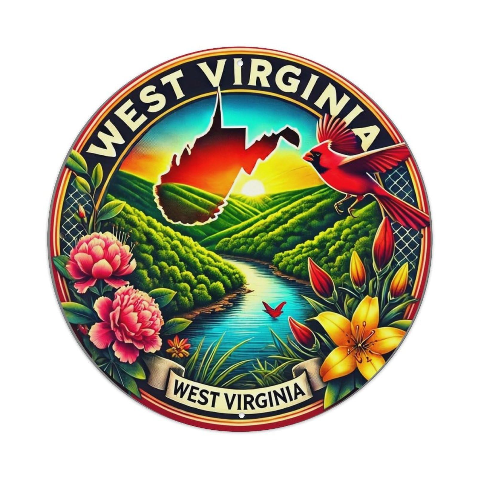 West Virginia Landscape Cardinal Flowers Tin Sign Metal Poster Vintage Metal Signs for Home Man Cave Bar Cafe Kitchen laundry room Wall Decorations Gift 8x8Inch